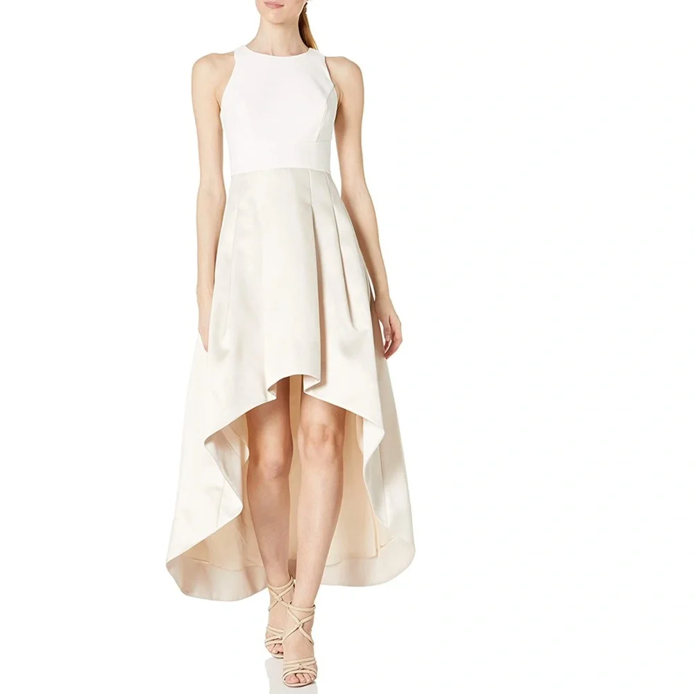NEW ELIZA J Asymmetrical CHAMPAGNE Two Tone CREPE & MIKADO High Low DRESS GOWN 4 - Picture 10 of 13